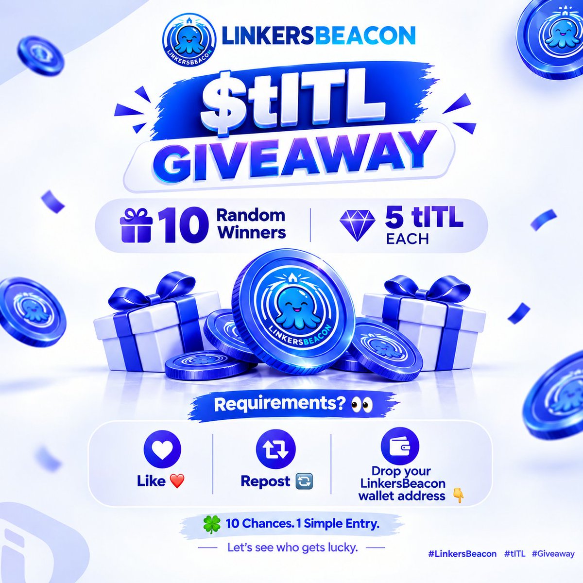LinkersBeacon's tweet photo. 🎁 $tITL GIVEAWAY — ROUND 2 🎁

We’re giving 10 lucky Linkers 5 $tITL each! 🚀💙

🏆 Winners will be announced within the next 24 hours! ⏳

Haven’t participated yet? The rules are simple 👇

How to enter:

1️⃣ Follow @LinkersBeacon and  https://t.co/SzZeFSdyCg
2️⃣ ❤️ Like & Retweet this post
3️⃣ 🔁 Quote Retweet with:

«“We’re Linkers!!
Here to take the @inter_link Human Network to the Moon through the @LinkersBeacon dApp. 🌕💙”»

4️⃣ 👛 Drop your InterLink wallet address below

That’s it! One simple entry for a chance to win 5 $tITL. 🍀

Don’t miss your chance, Linkers! 🚀💜

Let’s take the InterLink Human Network to the Moon! 🌕

#InterLink #ITL #tITL #Giveaway #NFT #NFTs #NFTCommunity