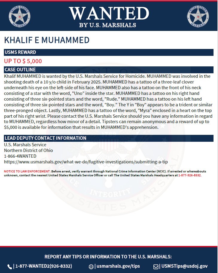 USMarshalsHQ's tweet photo. Khalif E Muhammed  is wanted for homicide. Last seen in Cleveland, Ohio. To submit a tip about a fugitive, go to https://t.co/1cpkqrLAdl. 

#USMarshals #USMarshalsWanted https://t.co/2kKQpfC7JM