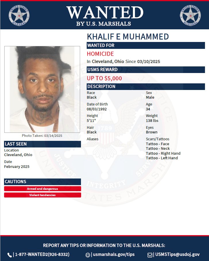 USMarshalsHQ's tweet photo. Khalif E Muhammed  is wanted for homicide. Last seen in Cleveland, Ohio. To submit a tip about a fugitive, go to https://t.co/1cpkqrLAdl. 

#USMarshals #USMarshalsWanted https://t.co/2kKQpfC7JM