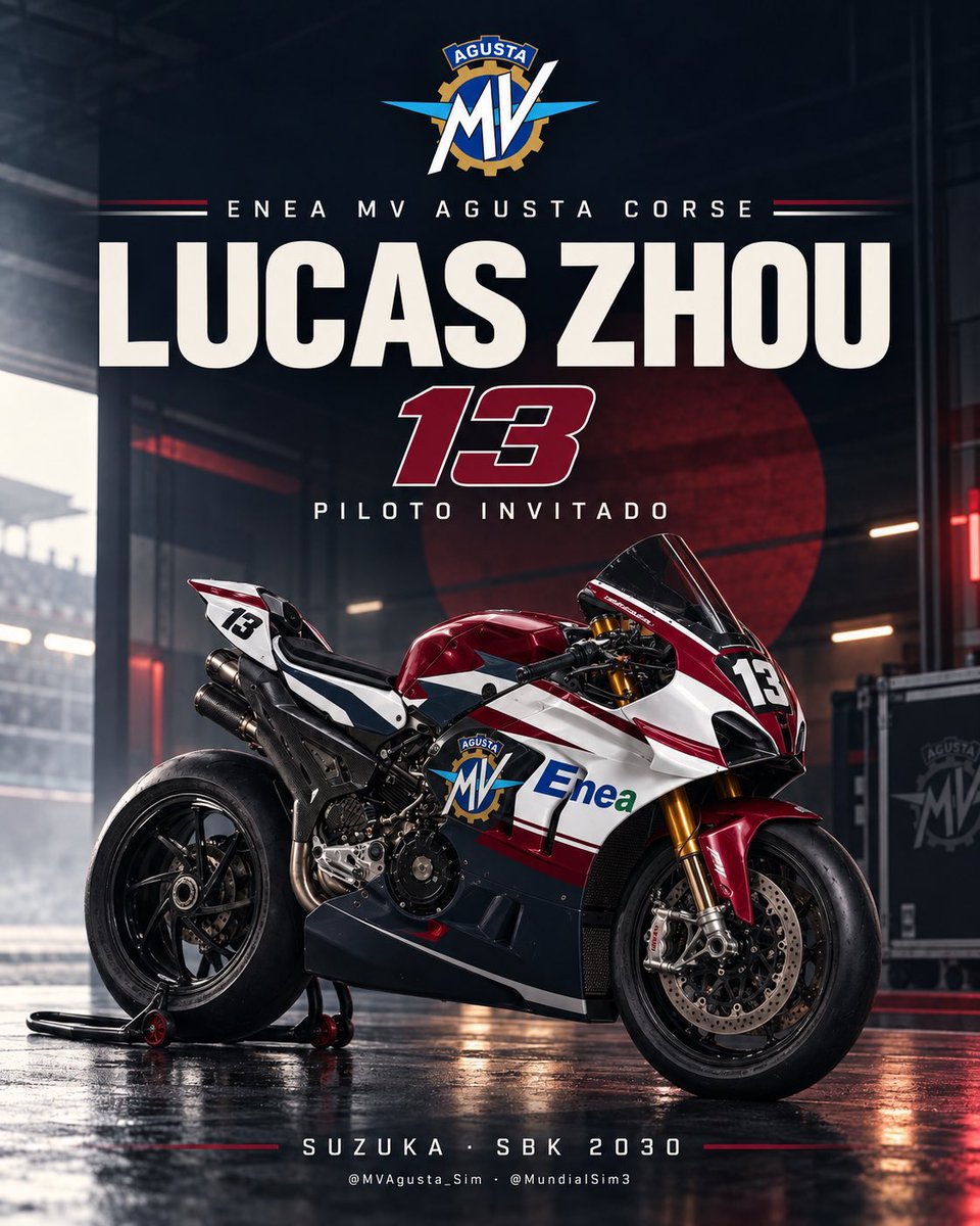 MVAgusta_Sim's tweet photo. Lucas Zhou se viste de Enea MV Agusta Corse.

El campeón de F2 de 2023 disputará el GP de Japón como piloto invitado, con el dorsal 13, junto a Erik Fernández y Dante Arroyito.

Nos vemos en Suzuka. Benvenuto, Lucas.

@MundialSim3 https://t.co/Y1wvKr9xIY