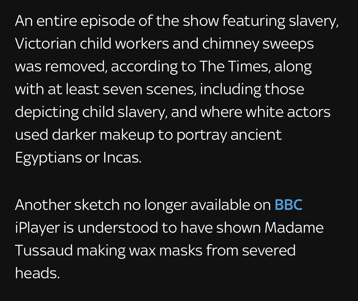 abitdickensian's tweet photo. The blackface sketches, I completely understand.

But the Victorian child and Madame Tussauds sketches?! That shit happened in history and it’s for purely educational purposes. Jesus Christ let kids know the terrible truth in history and not just the glamour. https://t.co/sNBe8y3mbF