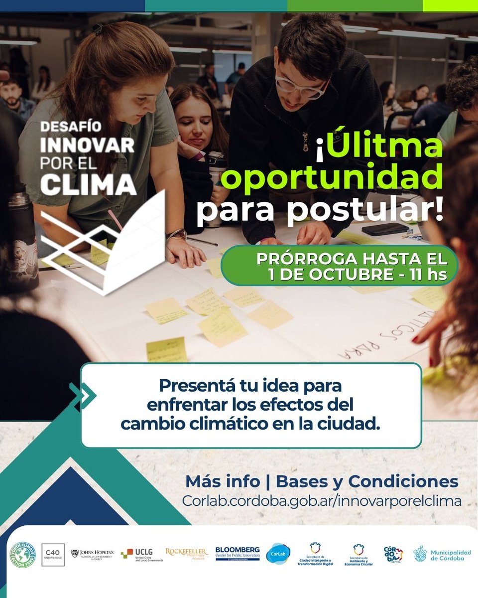 corlabgob's tweet photo. Si tenés una idea para hacer de Córdoba una ciudad más sostenible y te quedaste con ganas de postularte, esta es tu última oportunidad. 🌱 ¡Extendimos la convocatoria del Desafío Innovar por el Clima!

📅 Nuevo cierre:  1/10/26 , 11 h

👉 Inscribite en https://t.co/w0xQudO6Xd https://t.co/kjn4CYHtQ5