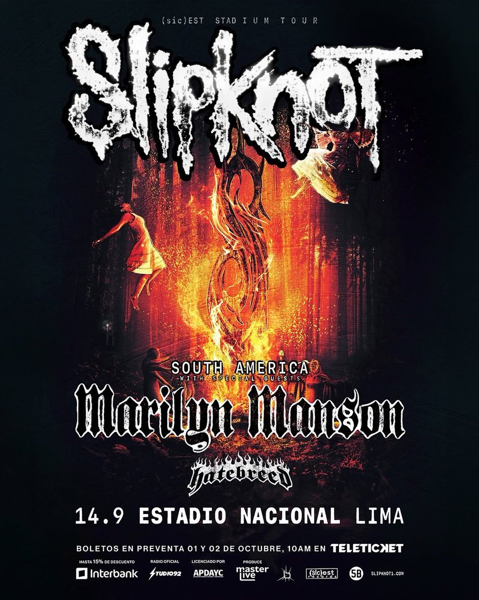 danielefecto's tweet photo. Lineup BRUTAL! 🔥 #slipknot #marilynmanson y #hatebreed en Lima!

🗓️ 14 septiembre 📍 Estadio Nacional 
🎟️ Preventa Interbank - 15% dscto: 1 octubre en Teleticket 

⚡ @masterliveperu https://t.co/o9l9uFmEi2