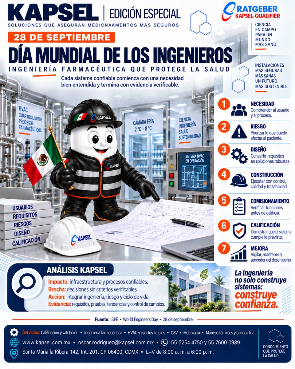 kapsel3's tweet photo. Hoy reconocemos a quienes convierten ciencia y requisitos en instalaciones, equipos y procesos que protegen la salud. ¡Feliz Día Mundial de los Ingenieros!

https://t.co/HkQMUU1zfI | oscar.rodriguez@kapsel.com.mx | 55 5254 4750 / 55 7600 0989

#IngenieríaFarmacéutica https://t.co/SB6th0voY5