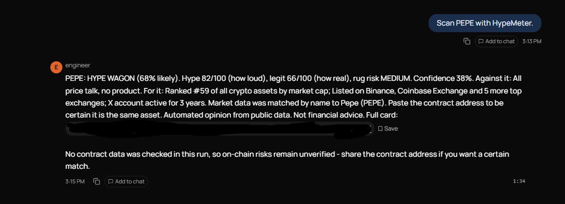 fomoengineer's tweet photo. I asked my Mind to scan PEPE with HypeMeter. I'm more interested in how it explains its findings and limitations than in a simple buy or sell label. Here's the reply I got. https://t.co/NcQUmRVvLl