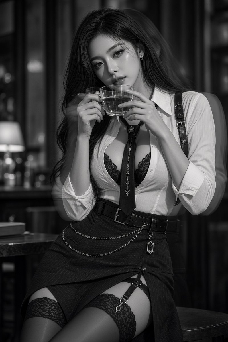 maplejohn01's tweet photo. 晚安

```
环境肖像，二十六岁东亚成年女性，沙漏型身形，穿着（图片套装），目光从杯沿上方看向镜头，双手捧杯，美姿，道具成为构图锚点，坐下时重心偏一侧髋，对焦在瞳孔高光，指尖轻触杯沿，玻璃虚影相随，咖啡馆，环境人像，85mm 肖像镜头与微仰，后斜侧拍摄，光线为伦勃朗光，情绪俏皮，林德伯格黑白真实，负空间，黑白几何，色板：阴影分离提亮，明显黑白颗粒。
```