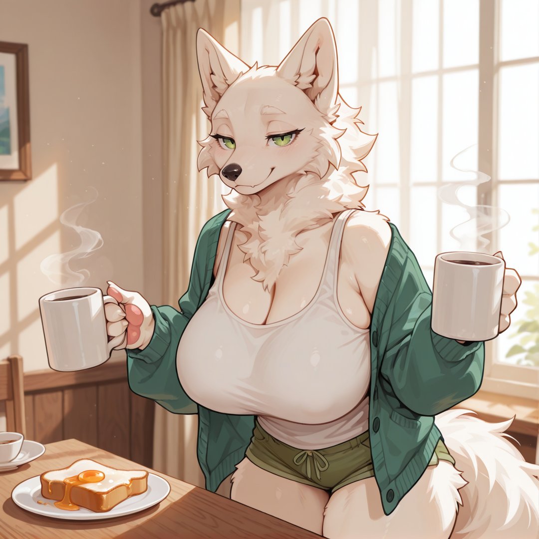 Enrei_ai's tweet photo. Good Morning! I made breakfast and a warm cup for you too, so come sit with me for a gentle start ☕✨ #furry https://t.co/b3jBEspPEH