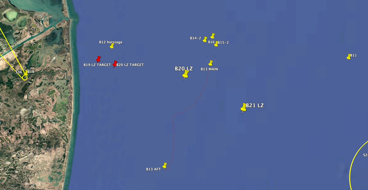mcrs987's tweet photo. B21 LZ @ 25°52'47"N  96°46'36"W.
40km downrange. No identifiable target in the prelaunch marine assets, but the precise distance (exactly 40km) leads me to believe booster landed ON TARGET within a small enough margin that I cannot determine from asset activity alone (at most ~200 meters)
Aircraft circling at precisely 2 nautical miles. Helicopter went in and scuttled any floating debris.

This is in stark contrast to the targeted landing zones of the previous two flights, which were intended to come down 6 and 10 kilometers from the shoreline respectively. B20 from the previous flight test despite being off it's own target is actually closer ashore than B21