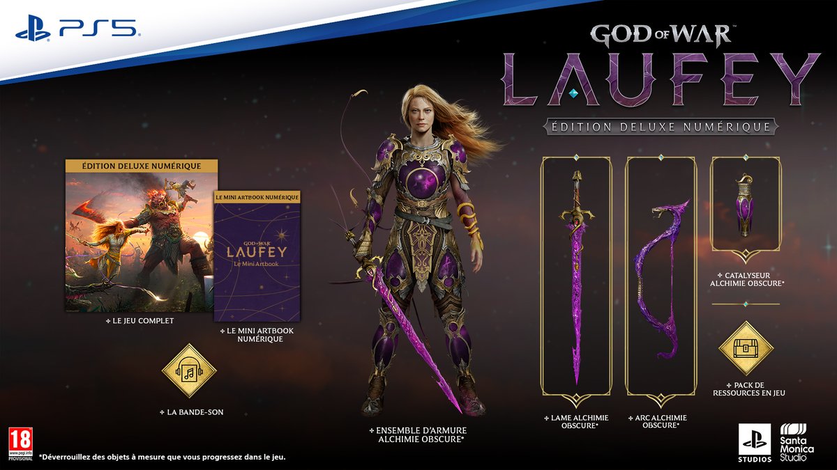 PlayStationFR's tweet photo. Les précommandes de God of War Laufey ouvrent demain à 10h00 !

En achetant le jeu avant le lancement, vous recevrez ces bonus de précommande** :
• Ensemble d'armure Dernière volonté*
• Apparence Feuilles d'or pour Phranque* (cosmétique)
• Pack de ressources en jeu

En plus de l'Édition Standard, une Édition Numérique Deluxe de God of War Laufey sera disponible contenant : 
• Ensemble d'armure Alchimie obscure*
• Lame Alchimie obscure*
• Écailles d'archère Alchimie obscure*
• Catalyseur Alchimie obscure*
• Pack de ressources en jeu
• Mini artbook numérique
• Bande-son numérique officielle de God of War Laufey