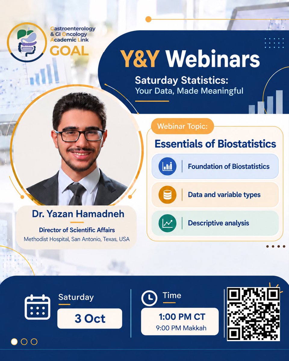 GOAL_GIONC's tweet photo. 📑 Build a strong statistical foundation and turn your row data into an insightful information with Dr. Yazan Hamadneh, GOAL’s Director of scientific Affairs .

#Biostatistics #MedicalStudents #MedicalResearch #ClinicalResearch #Research https://t.co/ggNw3GZ820