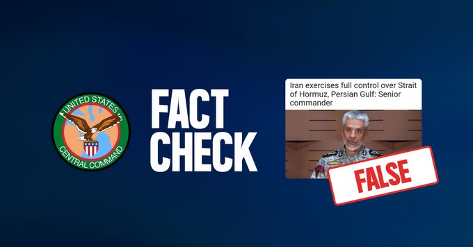CENTCOMFarsi's tweet photo. 🚫 ادعا: یکی از فرماندهان ارشد نیروی دریایی امروز گفت که ایران از طریق نیروی دریایی خود، کنترل کامل تنگه هرمز را در اختیار دارد. این ادعا نادرست است.

✅ واقعیت: ایران نیروی دریایی ندارد، زیرا نیروهای آمریکایی آن را غرق کردند. همچنین ایران کنترلی بر تنگه هرمز ندارد؛ گواه این امر، عبور آزادانه هزاران کشتی و بیش از یک میلیارد بشکه نفت از این تنگه تنها در چند ماه گذشته است.
