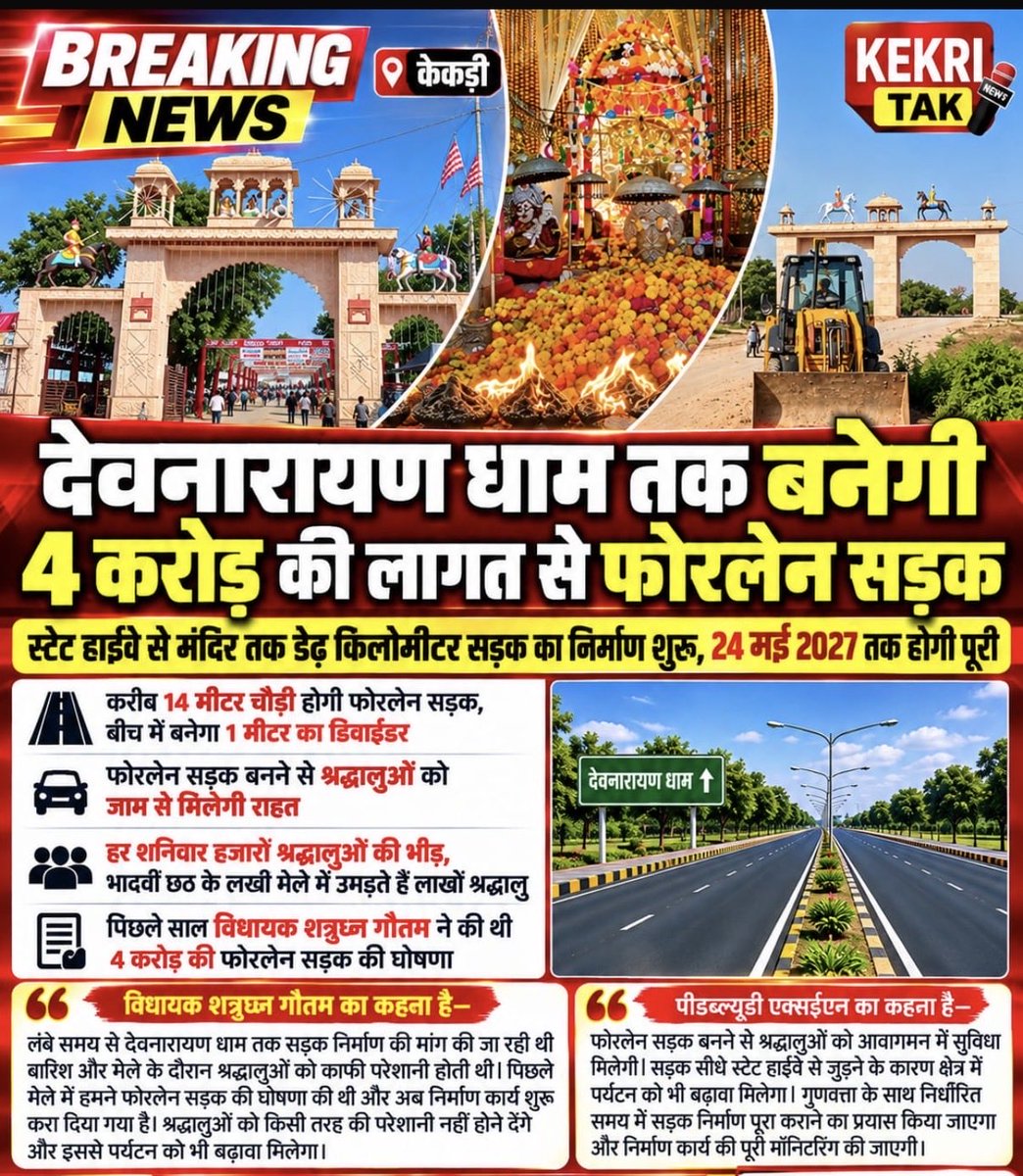RaichandBagdee's tweet photo. मीणों का नयागांव देवनारायण भगवान देवधाम के लिए फोरलेन सड़क का निर्माण कार्य शुरू,विधायक शत्रुघ्न गौतम के प्रयासों से लाखों श्रद्धालुओं को मिलेगी आवागमन में राहत https://t.co/ROtx6wpiU5