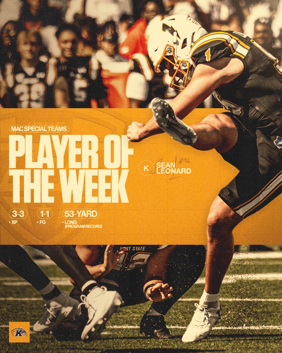 KentStFootball's tweet photo. 𝗠𝗔𝗖 𝗦𝗣𝗘𝗖𝗜𝗔𝗟 𝗧𝗘𝗔𝗠𝗦 𝗣𝗢𝗧𝗪 ⚡️

@Seankicker11 earns MAC Special Teams Player of the Week for his performance against Ball State!

#GoFlashes⚡️ | #HAB1TS https://t.co/i6BLrecyay
