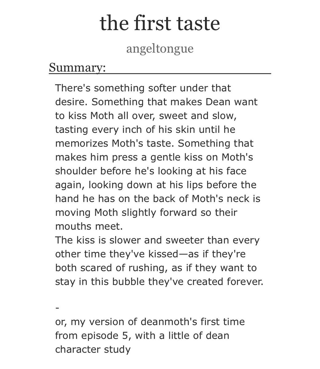 angeltongues's tweet photo. the first taste
deanmoth, 🔞
one-shot
5,5k words

🏷️ episode 5, deanmoth first time, dean has a big dick, fingering, pwp with a little (dean) character study 
🔗 https://t.co/vJLkZLlClt https://t.co/sdWJSDWJjH