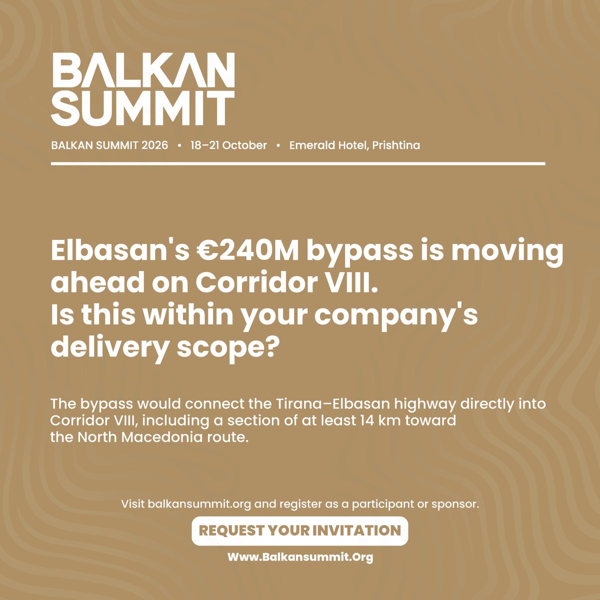 balkan_summit's tweet photo. A new bypass will connect the Tirana–Elbasan highway with Corridor VIII, including a 14km+ section toward North Macedonia. Opportunities may span roads, tunnels, structures, drainage, engineering and finance.

Explore at Balkan Summit 2026: https://t.co/Xoei9UXKvb https://t.co/GeQFolQaNA