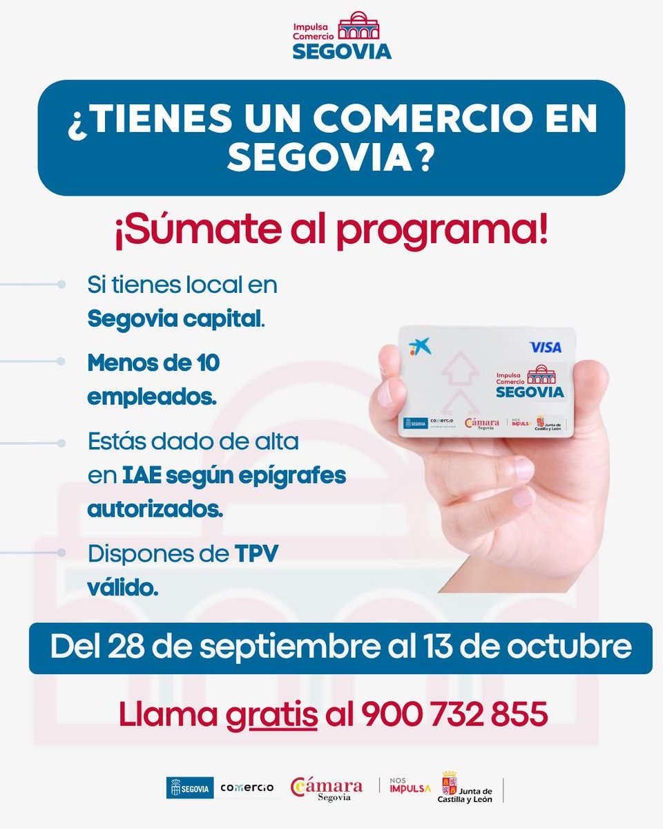 Camara_Segovia's tweet photo. 🚀 ¡ARRANCAMOS!
¿Tienes un comercio en Segovia? 🛍️

👉 Comprueba si cumples los requisitos.
👉 Adhiere tu establecimiento.
👉 Y prepárate para formar parte de Impulsa Comercio Segovia.

📅 Del 28 de septiembre al 13 de octubre.
👉 900 732 855

#ImpulsaComercioSegovia https://t.co/K35mUcFU4M