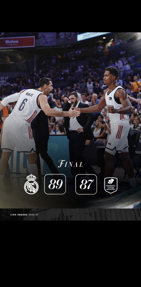 AmigosRM_Marace's tweet photo. Resultado Liga ACB:

Real Madrid 89-87 Unicaja 

Hala Madrid https://t.co/G43OxUqz2o