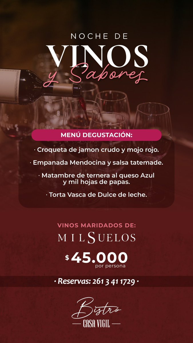 UniversoVigil's tweet photo. Noche de Vinos y Sabores en Bistró Casa Vigil 🍷

Este 30 de septiembre, Colo Sejanovich presenta los vinos de Mil Suelos, acompañados por un menú degustación especialmente pensado para la noche. https://t.co/LNJy1N9bhP