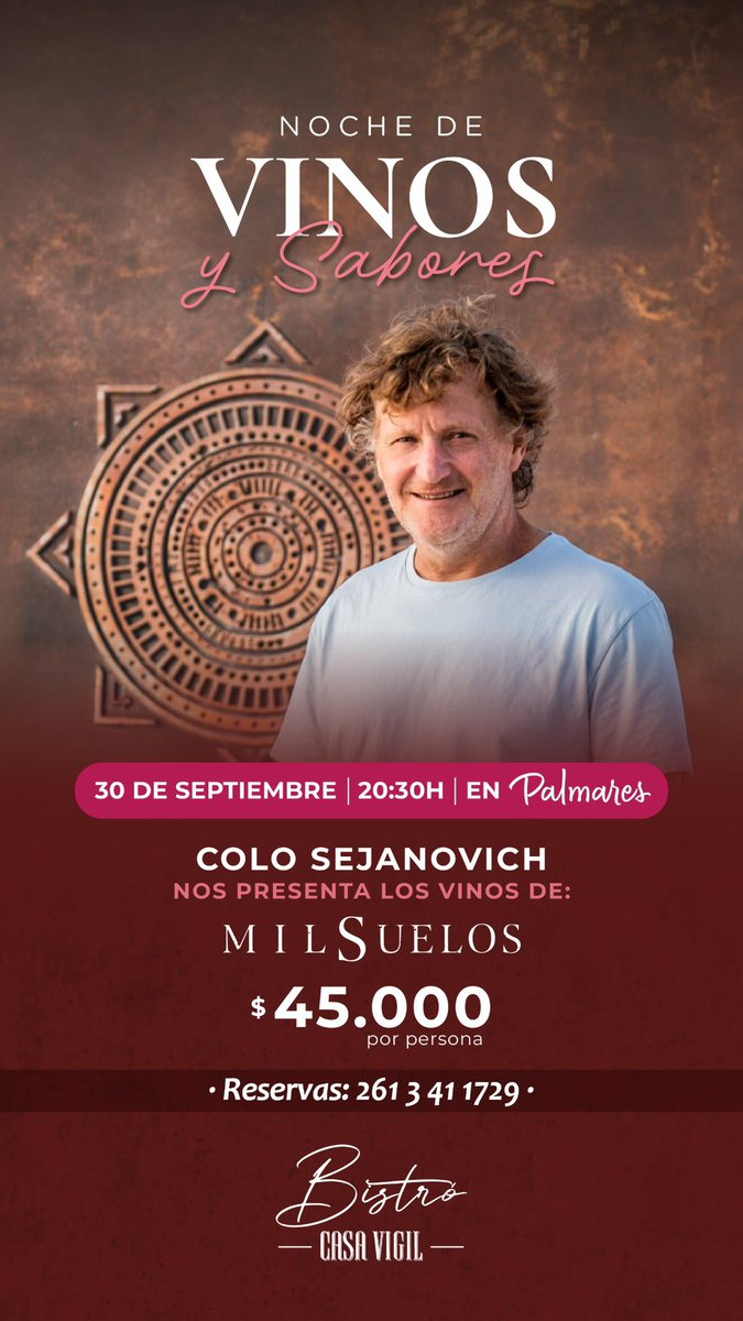 UniversoVigil's tweet photo. Noche de Vinos y Sabores en Bistró Casa Vigil 🍷

Este 30 de septiembre, Colo Sejanovich presenta los vinos de Mil Suelos, acompañados por un menú degustación especialmente pensado para la noche. https://t.co/LNJy1N9bhP