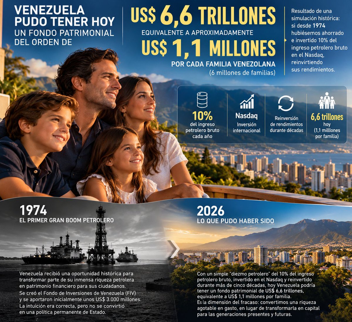 RobertoSmithP's tweet photo. VENEZUELA PUDO SER UNA DE LAS NACIONES MÁS RICAS DEL PLANETA, NO SÓLO POR EL PETRÓLEO DEBAJO DE LA TIERRA, SINO POR LOS TRILLONES DE DÓLARES QUE PUDIMOS HABER ACUMULADO ENCIMA DE LA TIERRA.

La historia del desastre venezolano no empieza con Chávez. Comienza con el primer boom petrolero en 1974. Venezuela recibió una cantidad extraordinaria de recursos y tomó una decisión que iba en la dirección correcta: creó el Fondo de Inversiones de Venezuela y le asignó unos US$3.000 millones. Eso era ahorrar unos $750 por familia.

Pero eso no se convirtió en una real política patrimonial de Estado. Durante los siguientes cincuenta años Venezuela - hasta hoy - extrajo y vendió una inmensa cantidad de petróleo, pero destinó la mayor parte de esos ingresos al Estado, al gasto improductivo, a empresas públicas fracasadas, a subsidios, burocracia, proyectos fallidos y, finalmente, durante el chavismo, a un proceso de destrucción económica que mató la propia gallina de los huevos de oro.

¿Cuánto nos costó no haber pensado como dueños de un patrimonio? Hagamos un ejercicio sencillo.

Supongamos que, desde 1974, Venezuela hubiese establecido una disciplina de un “diezmo petrolero”: reservar 10% del ingreso petrolero bruto de cada año, invertirlo sistemáticamente en un índice bursátil internacional como el Nasdaq y reinvertir sus rendimientos.

No estamos diciendo que ésa debió ser la política ni que alguien en 1974 podía conocer cuál índice produciría el mejor rendimiento durante los siguientes 50 años. Solo midamos la magnitud de la oportunidad perdida.

El resultado de nuestra simulación es impresionante:

VENEZUELA PODRÍA TENER HOY UN FONDO PATRIMONIAL DEL ORDEN DE US$6,6 TRILLONES. Tres veces más grande que los Noruegos. Diez veces más que DUBAI. Sería el mayor fondo soberano del Planeta.

Entre 6 millones de familias, serían US$1,1 MILLONES DE PATRIMONIO POR FAMILIA.

SERIAMOS MILLONARIOS. Con activos para pagar una vivienda de primera, un seguro de primera, una educación de primera. Sin deuda y sin depender de la "ayuda del Estado". 

El más pobre venezolano sería millonario. Ésa es la dimensión del fracaso.

Nuestro error histórico no consistió en tener petróleo ni en producirlo. Consistió en confundir durante décadas INGRESO con PATRIMONIO. NO AHORRAR.

Cada barril que estaba debajo de la tierra era un activo de los venezolanos. Al extraerlo y venderlo, debimos transformar una partze de ese activo físico agotable en otro activo: acciones, bonos, infraestructura productiva y capital financiero capaz de crecer durante generaciones.

En demasiadas ocasiones hicimos exactamente lo contrario: convertimos patrimonio en gasto. MALBARATAMOS EL INGRESO PETROLERO.

El barril salió del subsuelo, se vendió, el dinero entró al Estado y desapareció. El petróleo no quedó debajo de la tierra y tampoco quedó un activo financiero encima.

Después de cincuenta años, la diferencia que produce INVERTIR es brutal. US$6,6 TRILLONES.

Ésa no es una propuesta para el futuro. Es una referencia histórica de LO QUE PUDO HABER SIDO Y NO FUE.

La pregunta importante ahora es otra:

¿VAMOS A COMETER EL MISMO ERROR DURANTE LOS PRÓXIMOS CINCUENTA AÑOS?

Venezuela todavía posee más de 300.000 millones de barriles de reservas probadas y tiene la posibilidad de protagonizar una expansión petrolera extraordinaria. Venezuela First World plantea aprovechar esa riqueza para ejecutar durante los próximos diez años una transformación nacional de enorme escala, movilizando capital privado, reconstruyendo infraestructura y llevando la producción petrolera hacia 10-12 MBDP para generar centenares de miles de millones de dólares anuales.

Pero esta vez debemos aprender la lección del fracaso de los últimos 50 años. Por eso el programa VENEZUELA FIRST WORLD incorpora el Fondo Patrimonial de Ahorro y Prosperidad (FPAP) como parte estructural del nuevo modelo petrolero.

La idea no es simplemente ahorrar 10%.

La idea es mucho más profunda: utilizar la extraordinaria expansión petrolera de los próximos diez años para hacer simultáneamente DOS COSAS que Venezuela nunca logró hacer juntas: RECONSTRUIR EL PAÍS Y CONSTRUIR EL PATRIMONIO DE SUS CIUDADANOS.

A medida que aumenten la producción y los ingresos petroleros, una proporción predeterminada de esos ingresos debe fluir automáticamente hacia el patrimonio de los venezolanos, en lugar de quedar a disposición del Estado. Nadie puede robarse esos fondos.

Así, cada nuevo millón de barriles diarios producido significará carreteras, electricidad, hospitales, escuelas, ciudades, infraestructura y empleos para la generación presente, pero también significará capital financiero acumulándose para las generaciones futuras.

Ésa es la diferencia entre administrar una bonanza y construir una nación rica.

En 1974 tuvimos la primera gran oportunidad y no construimos el patrimonio que pudimos haber construido.

CINCUENTA AÑOS DESPUÉS TENEMOS LA OPORTUNIDAD DE CORREGIR ESE ERROR.

El objetivo de la próxima expansión petrolera venezolana - que viene - no puede ser simplemente volver a producir millones de barriles y despilfarrar los ingresos.

Tiene que ser transformar una riqueza no renovable debajo de la tierra en una riqueza permanente en manos de los venezolanos.

EL PETRÓLEO SE AGOTA. EL PATRIMONIO SE ACUMULA.

La vieja Venezuela vivió del petróleo.

LA NUEVA VENEZUELA DEBE CONVERTIR EL PETRÓLEO EN PATRIMONIO, Y EL PATRIMONIO EN PROSPERIDAD PERMANENTE.

para mas info:
https://t.co/Pv4M902txx

Si estás de acuerdo, dílo, si no estás de acuerdo, destruye mi argumento, pero con mejores ideas.