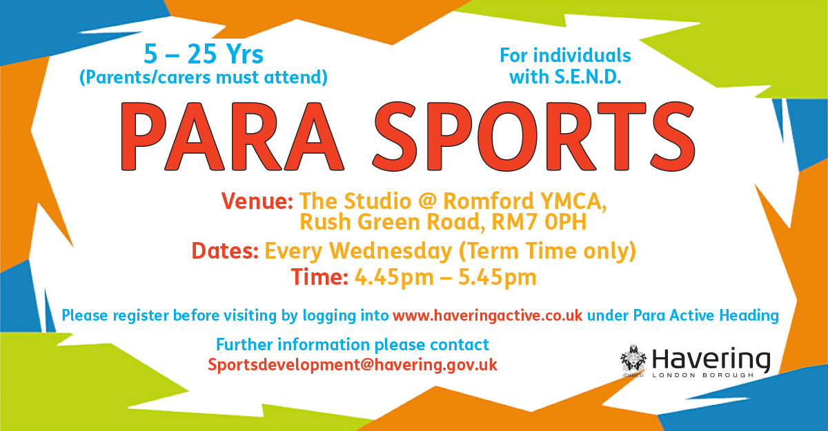 LBofHavering's tweet photo. FREE Para Sport Sessions
Every Wednesday (term time) | 4.45pm to 5.45pm
📍The Studio, YMCA Romford
Fun, inclusive sports and games for children and young people with SEND aged 5 to 25. Family members are welcome to join in.
Register at https://t.co/eILz4gbtcZ https://t.co/nehePEQWpq