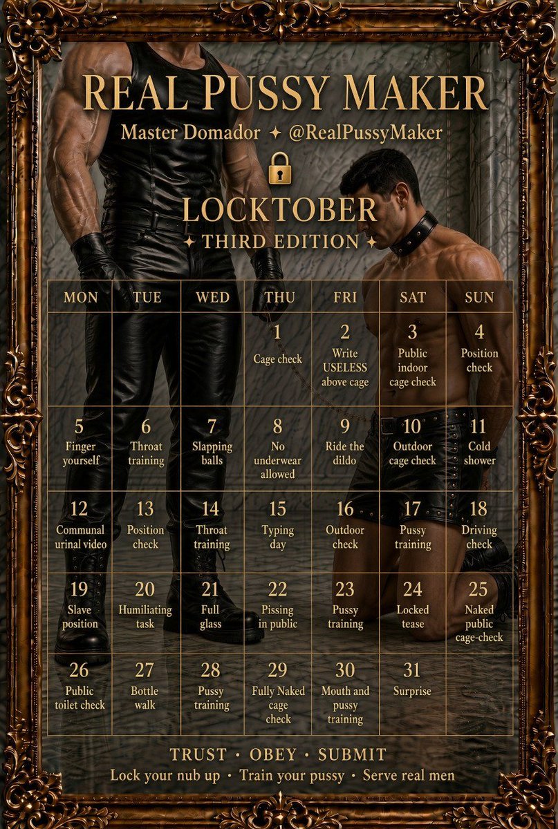 RealPussyMaker's tweet photo. Finally I give you here my locktober calendar.
There is a website where you can see instructions for every day tasks, clicking in the day.
You can submit the checks here or privately. Will try to reply all of you.
Lock it up and have fun!
https://t.co/8RU1VJmGqg https://t.co/J7IXE5THIh
