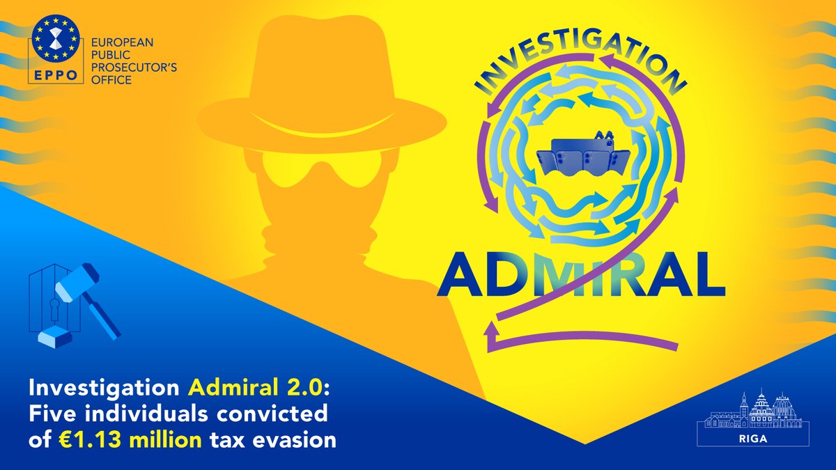 EUProsecutor's tweet photo. The EPPO in Riga 🇱🇻 has secured five convictions for tax evasion, which caused €1.13 million in damage to France 🇫🇷 and Germany 🇩🇪. These are the latest convictions in ‘Admiral 2.0’, which targets large-scale tax evasion and money laundering. 
More: https://t.co/P7JkESOmLO https://t.co/J0lkTMg5xE
