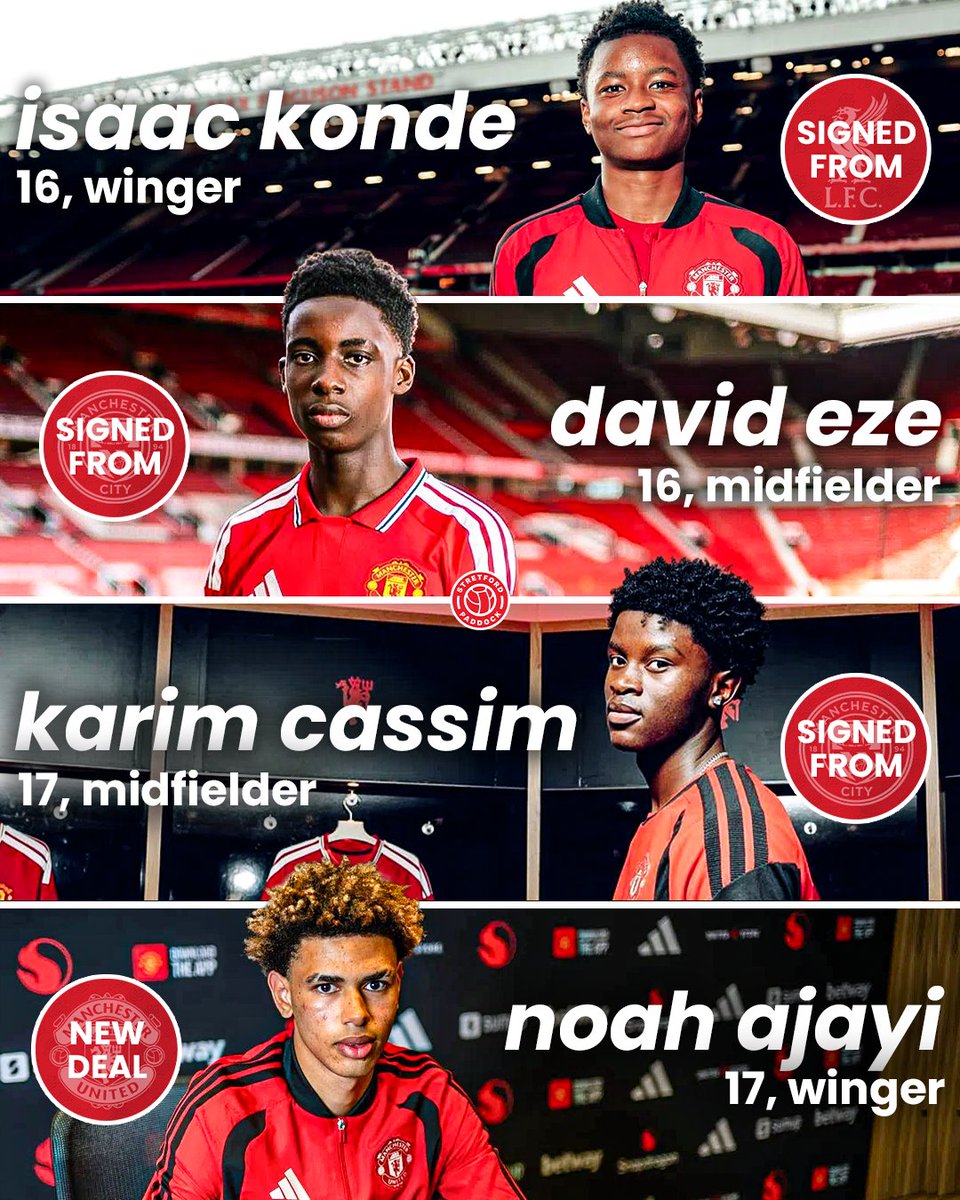 StretfordPaddck's tweet photo. 🔥 United have been making some serious moves in the Academy ranks in the last week!

The club today confirmed the signing of exciting young winger Isaac Konde from rivals Liverpool, adding to the recent acquisitions of talented midfielders David Eze and Karim Cassim - both from Manchester City ✅

Meanwhile, Noah Ajayi was officially tied down to a new, long-term, professional deal on Friday, marking a commitment to the club from the German youth international 📝

Great to see the club investing in the future. Fingers crossed these four lads will names to remember in years to come 🤞🔴

#MUFC