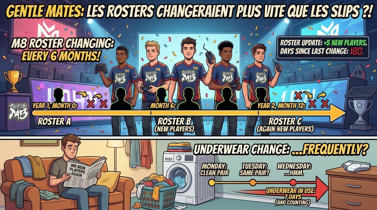 BROWHATPLAYING's tweet photo. Quand le panier à linge tourne moins vite que le mercato M8… 🩲⚡️
​Entre les revirements en VCT EMEA et les moissons de roster en Call of Duty League, Gentle Mates repousse les limites du rebuild permanent. Changer de joueur tous les 3 mois est devenu un reflexe tactique !
#M8 https://t.co/sHM65oemGB