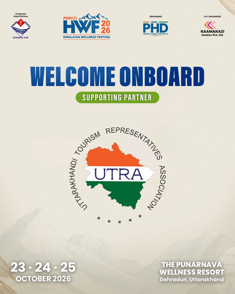 HimalayanWell's tweet photo. Welcome, Uttarakhandi Tourism Representatives Association (UTRA), to the Himalayan Wellness Festival 2026!

Know more about UTRA: https://t.co/E9AQPfDT6f

#HimalayanWellnessFestival #HWF2026 #PHDCCI #SupportingPartner #UTRA  #UttarakhandTourism #TourismIndustry https://t.co/IHKgblv4iK