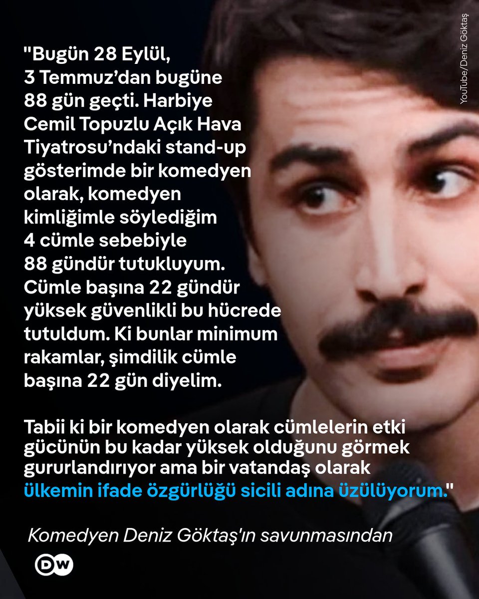 dw_turkce's tweet photo. Deniz Göktaş savunmasında:

"Eskiden olsa yumuşak bulunacak politik mizah, bugün komedyeni hücrede hapis yatırıyor. Yasalar değişmedi, değişen ne? Yöneticiler."

88 gündür tutuklu bulunan komedyen Deniz Göktaş hakkında tahliye kararı verildi

🔗 https://t.co/ethFh3AuRh https://t.co/3TUw8wSHHK