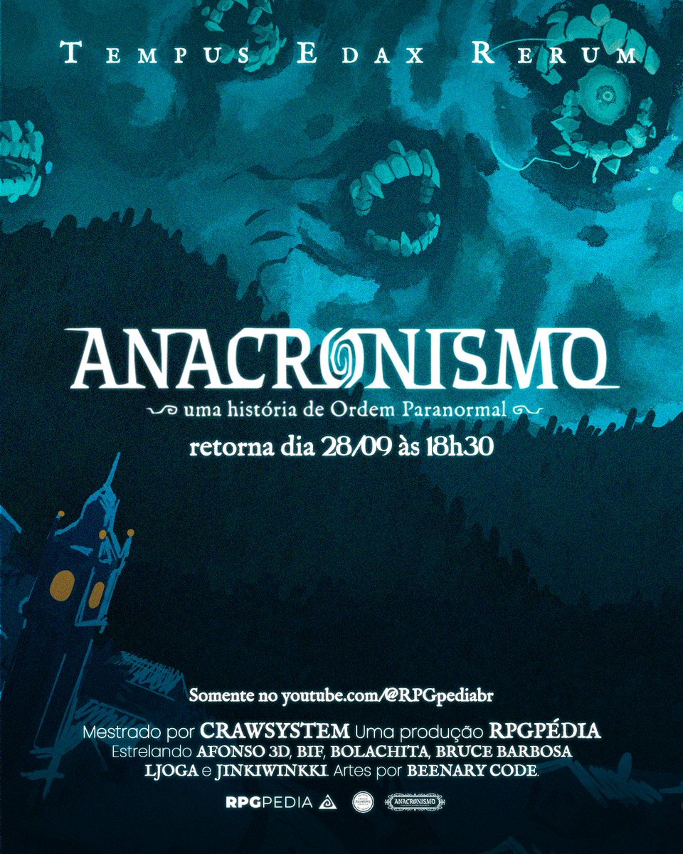 CrawSystem's tweet photo. BOM DIA RAPAZEADA!!

Hoje tem Anacronismo! Minha campanha de Ordem que rola no canal da @RPGpediabr e tem um elenco absurdo!

Caso não tenham visto os outros episódios, vamos passar um resuminho no início. Vai começar às 18h30.

Estou bem animado 💙 https://t.co/fWwqCfcNhy