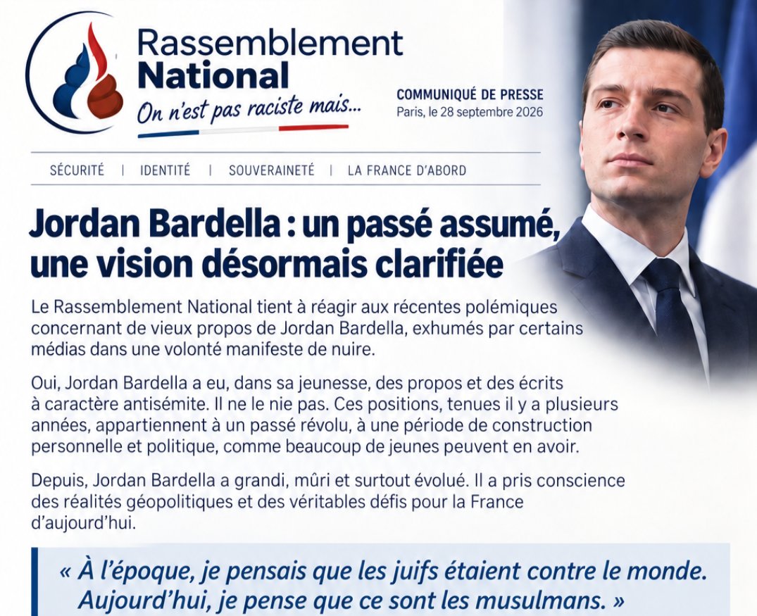vinceflibustier's tweet photo. Communiqué du rassemblement national suite aux révélations de propos antisémites de son président. https://t.co/b6HzbCWBjN