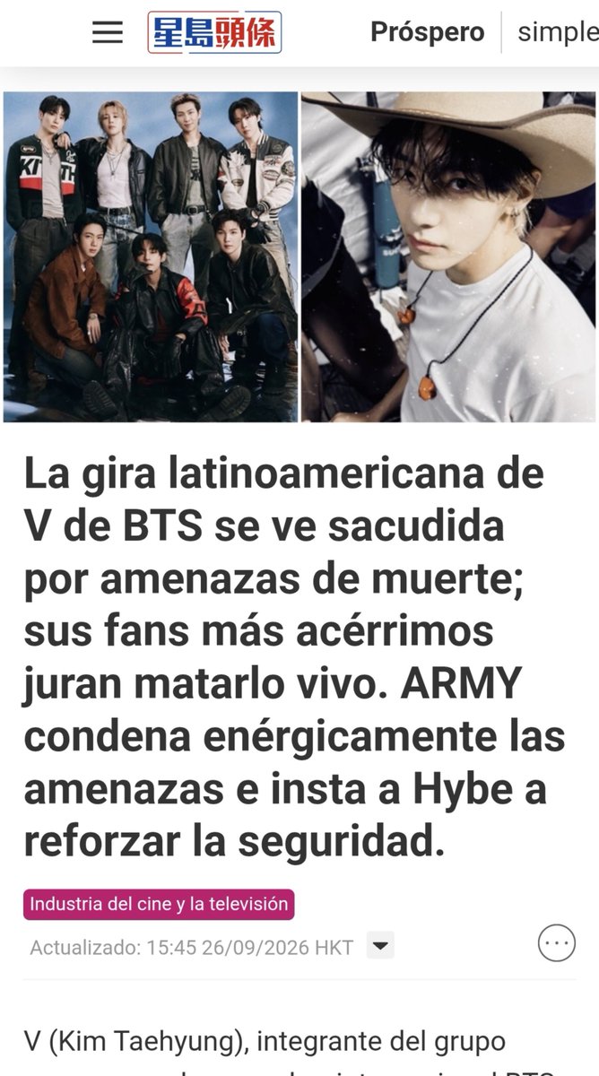 VPeru_support's tweet photo. [INFO] Medios internacionales ya están informando sobre las amenazas dirigidas contra Kim Taehyung y las crecientes preocupaciones por su seguridad de cara a las próximas actividades de BTS en Latinoamérica.
Sing Tao Daily ha recogido el caso y las solicitudes de fans para que BIGHIT MUSIC y HYBE investiguen las amenazas y adopten las medidas de seguridad necesarias.
Las amenazas contra su integridad física deben ser tomadas seriamente, investigadas y atendidas.

🔗 Sing Tao Headline: https://t.co/PpdG62J621
🔗 Sing Tao USA: https://t.co/MhNcXzc7sI

PROTECT TAEHYUNG
PROTECT YOUR ARTIST
BIGHIT AND HYBE TAKE ACTION
#ProtectTaehyung #ProtectYourArtist
​@HYBEOFFICIALtwt @bts_bighit @BIGHIT_MUSIC @hybe_latam
