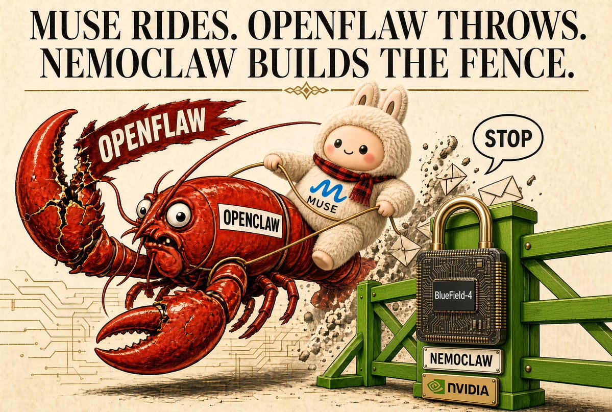 kkauf567's tweet photo. NVIDIA just latched the fence. Muse still rides. OpenFlaw still throws. NemoClaw’s runtime now has a watchdog on a chip the agent cannot reach. Stop cannot live only in the prompt. https://t.co/fWSAUCRWaU

#AgenticAI #AISafety https://t.co/aVJhAh3FsA