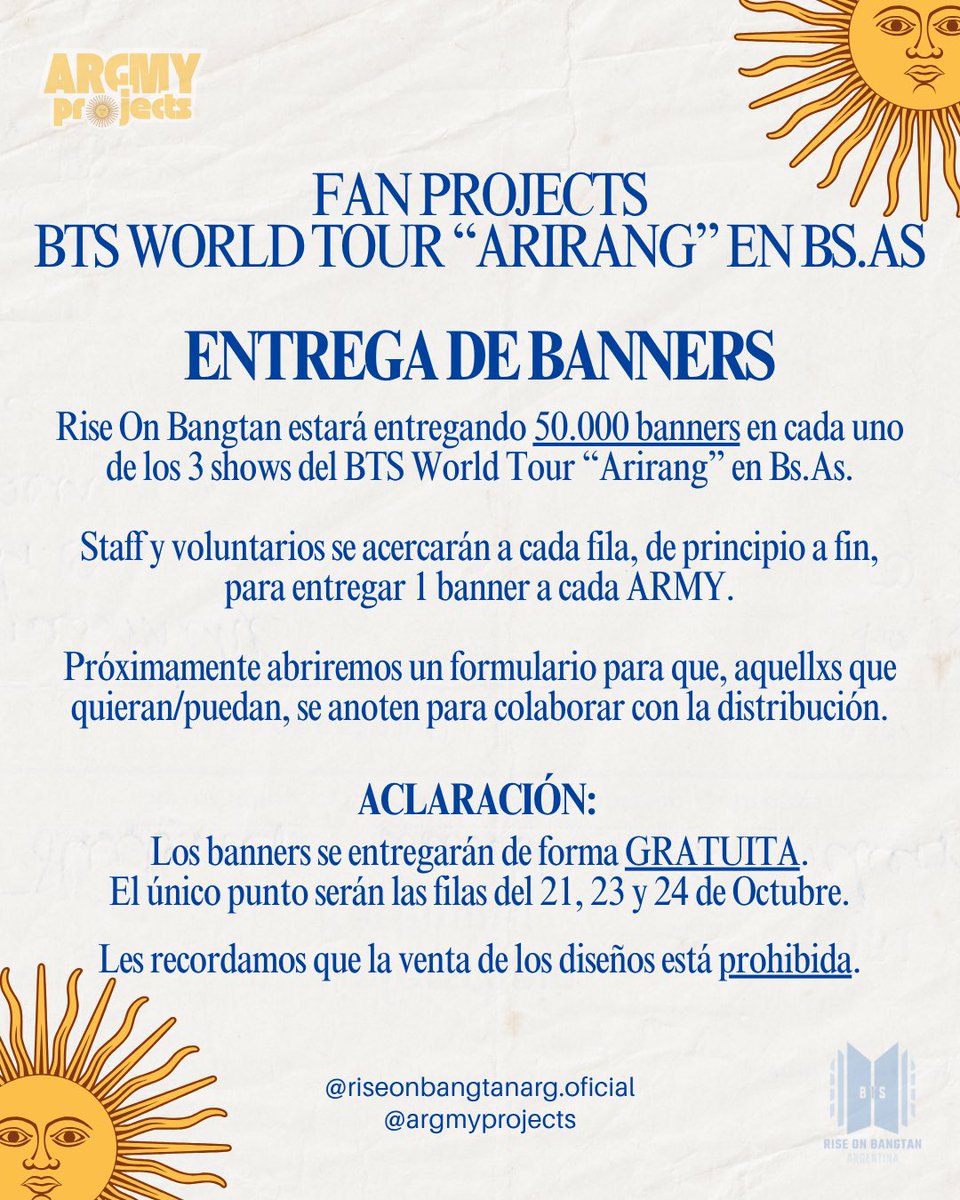 RiseOnBangtanAr's tweet photo. 🇦🇷 150.000 BANNERS 🇦🇷
¡GRACIAS, GRACIAS, GRACIAS ARMY!

Gracias al amor, la unión y la fuerza de una gran comunidad podemos confirmar que imprimiremos 150.000 banners para los 3 shows de BTS en Buenos Aires 🏟

Finalmente, y gracias a la ayuda de todxs ustedes, entregaremos 50 mil banners por día para llenar el Estadio Unico de La Plata de color y mensajes para Bangtan.

Gracias a ARMY, los eventos en los que estuvimos participando, los creadores de contenido y emprendimientos que se comunicaron con nosotras para brindarnos su ayuda. Cada aporte fue fundamental para que podamos superar la meta inicial de 100.000 unidades 🙏🏻

¡Esto no es todo! 

Pronto habrá más noticias sobre otro proyecto que financiaremos para afianzar el compromiso que asumimos desde el día 1 en que los proyectos para los tres días que ustedes votaron vieron la luz.

Estuvimos, estamos y continuaremos trabajando día y noche para ellos y por ustedes 💜

#BTS #방탄소년단 @BTS_twt @bts_bighit