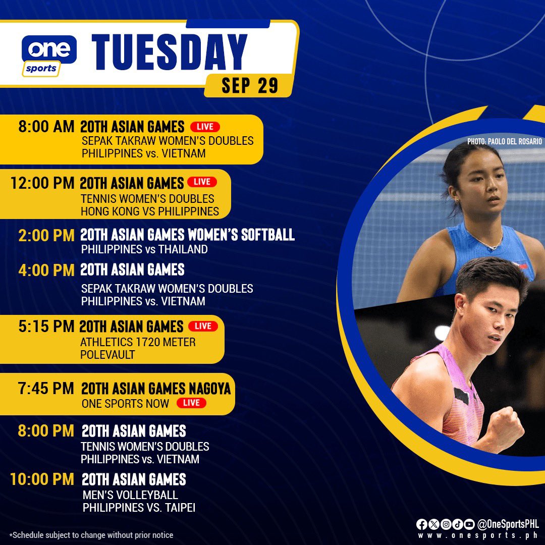 OneSportsPHL's tweet photo. The 20th Asian Games action continues as tennis star Alex Eala takes to the court for doubles, and EJ Obiena soars in the pole vault, LIVE this Tuesday on One Sports!

#GameTayo https://t.co/UUtnWYR8bI