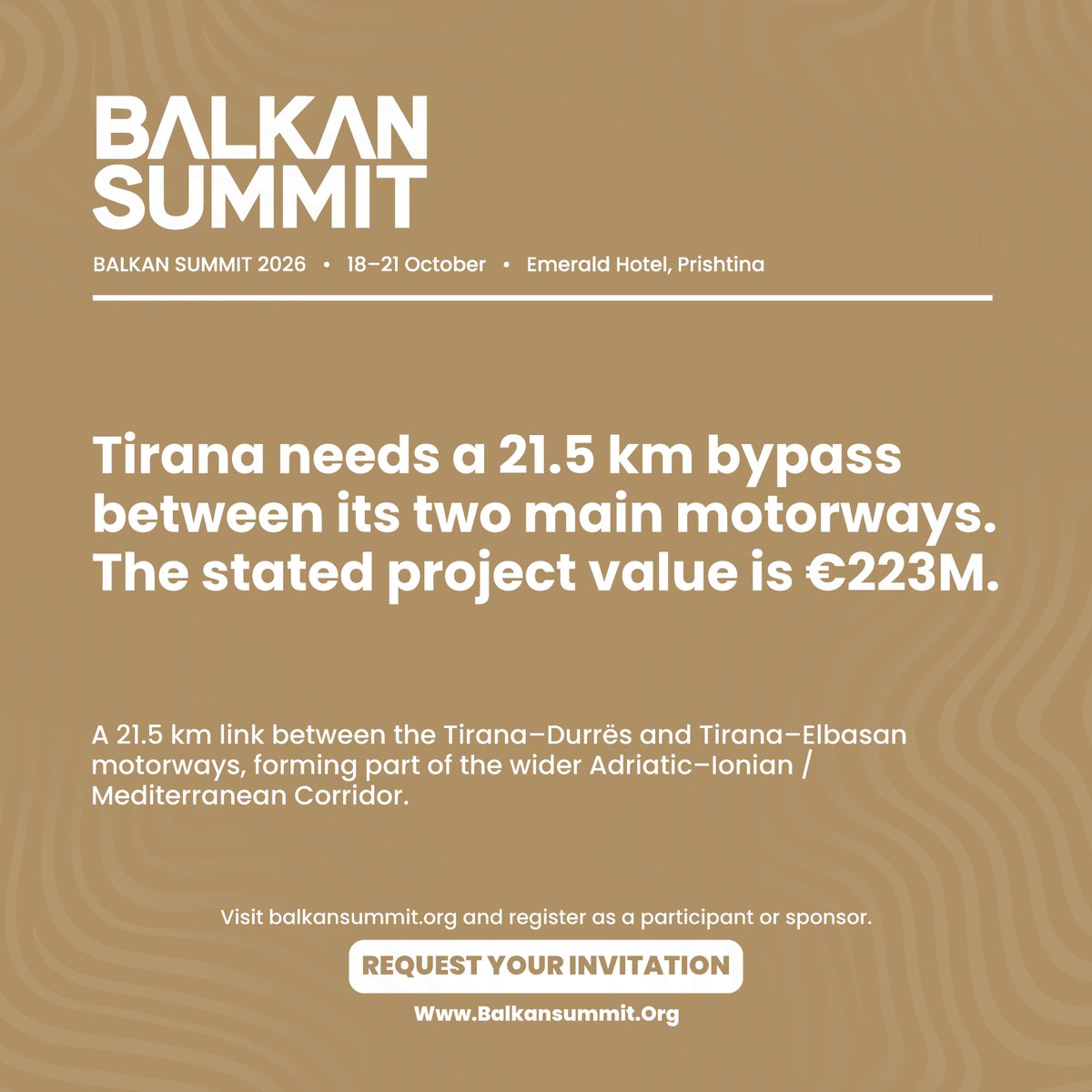 balkan_summit's tweet photo. A 21.5km Tirana bypass will connect the Tirana–Durrës and Tirana–Elbasan motorways as part of the Adriatic-Ionian Highway. Opportunities may include roads, tunnels, structures, drainage, engineering and finance.

Explore at Balkan Summit 2026: https://t.co/Xoei9UXKvb https://t.co/yHHR0JYeyL