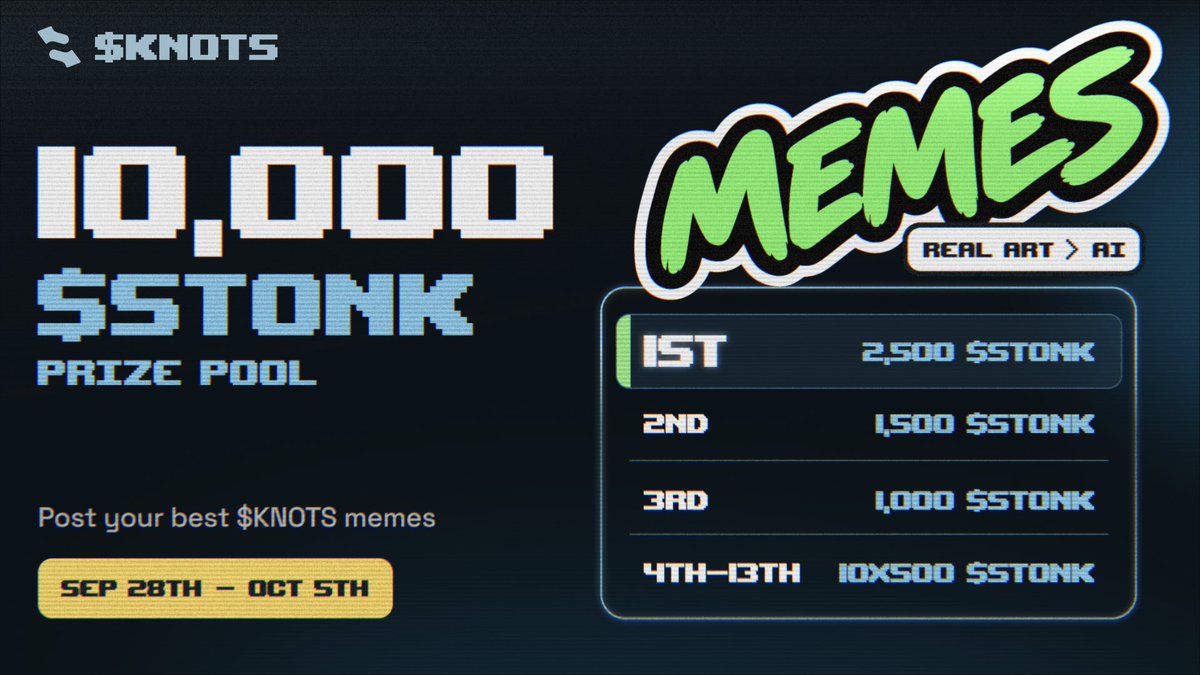 KnotsOnStonk's tweet photo. KNOTS Meme Contest

Post your best $KNOTS memes

🥇 2,500 $STONK
🥈 1,500 $STONK
🥉 1,000 $STONK
4th–13th: 500 $STONK 

More details ⬇️ https://t.co/3dlCwpfRAZ
