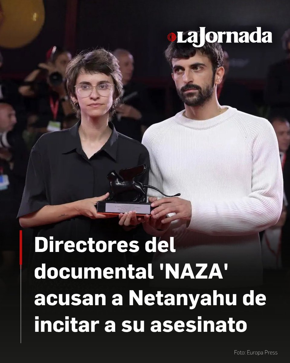 lajornadaonline's tweet photo. Los periodistas directores de 'NAZA', Yuval Abraham y Rachel Szor, afirmaron que la ofensiva en su contra por el premiado documental, encabezada por el primer ministro de Israel, y prófugo de la Corte Penal Internacional, Benjamin Netanyahu, es una incitación a que los asesinen.

En entrevista con Haaretz, los documentalistas señalaron que desde que estrenaron la película en Venecia no han regresado a Israel, donde hace dos semanas un grupo de ultraderechistas y seguidores de Netanyahu rodearon sus casas y la de sus familias acusándolos de traidores y pidiendo su muerte. En esta misma semana, Netanyahu equiparó a 'NAZA' con lanzar misiles balísticos contra Israel.

Más información en: https://t.co/erBS6OIDfR