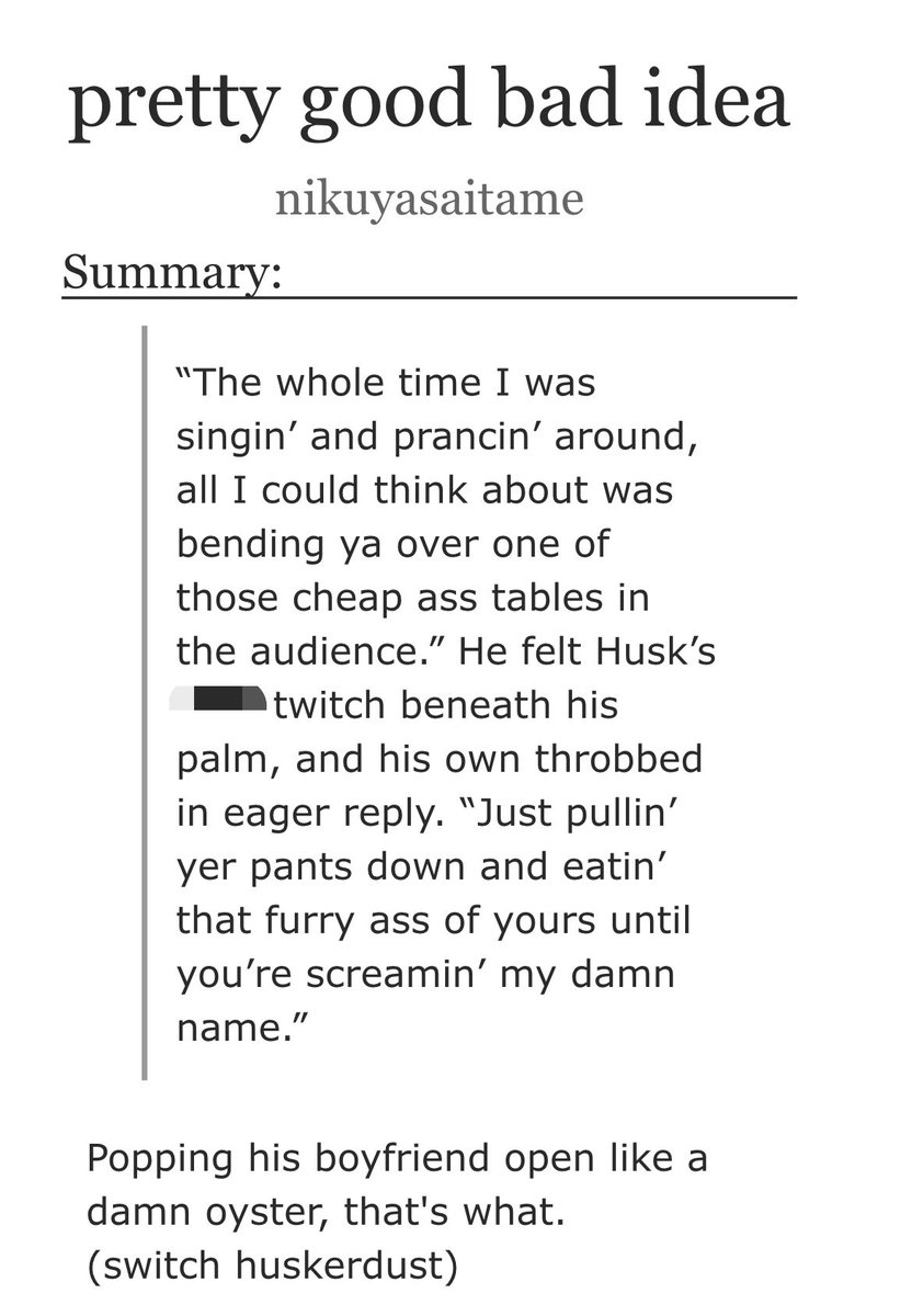 nikuyasaitame's tweet photo. I needed more bottom husk x Angel in drag so I wrote a fic about it (but really, they’re switches)

100％filth ahead 👀⚠️🔞
#huskerdust https://t.co/rn5z1GE2WZ
