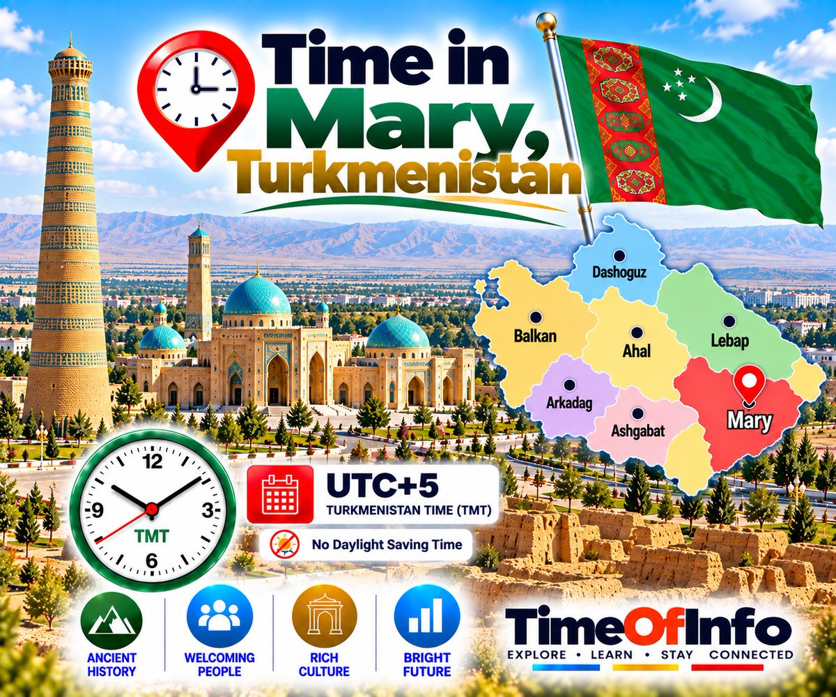 timeofinfo's tweet photo. Mary, Turkmenistan – What Time Is It Now?
Find the current local time in Mary and learn about its UTC+05:00 time zone and year-round timekeeping.
https://t.co/MvJSaAVsRa
#TimeInMary #Mary #Turkmenistan #LocalTime #TurkmenistanTime, https://t.co/JLOAGeMeaJ