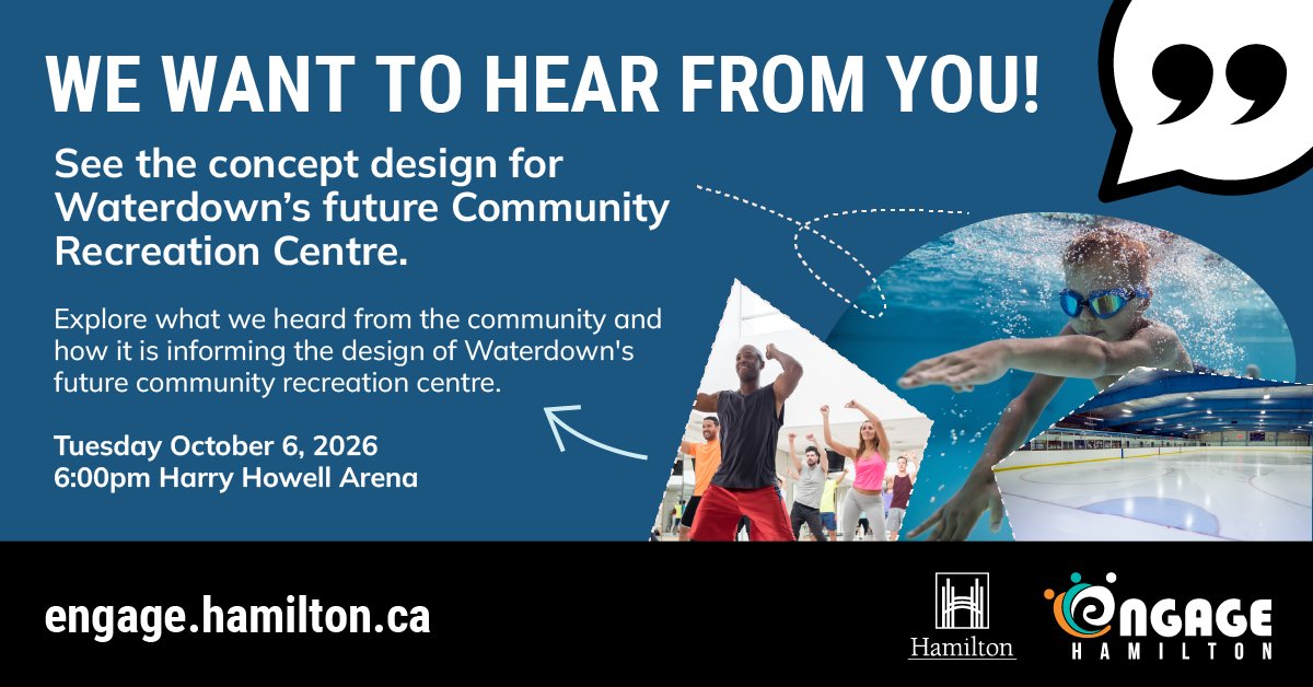 cityofhamilton's tweet photo. What could the new Waterdown Community Recreation Centre look like?

Join us Tuesday, October 6 at 6 pm at Harry Howell Arena to see design concepts for the proposed centre and share your feedback.
Learn more: https://t.co/nBxkvdZmaW https://t.co/eEVx4W4lRV
