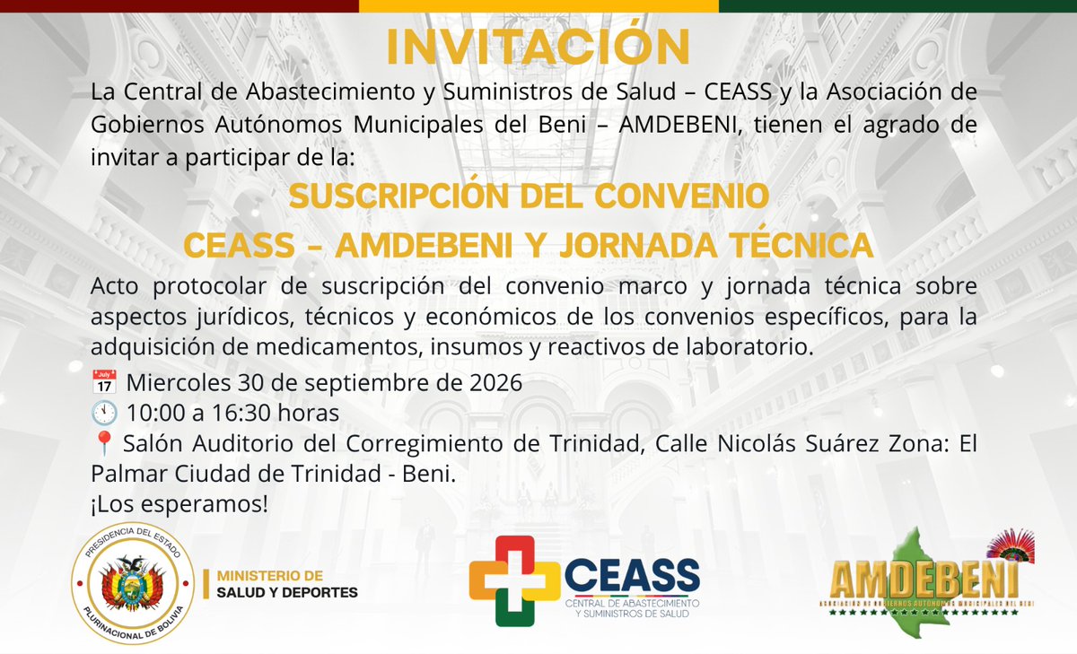 CeassBolivia's tweet photo. 📷𝙄𝙉𝙑𝙄𝙏𝘼𝘾𝙄𝙊́𝙉 | 𝙎𝙐𝙎𝘾𝙍𝙄𝙋𝘾𝙄𝙊́𝙉 𝘿𝙀 𝘾𝙊𝙉𝙑𝙀𝙉𝙄𝙊 𝘾𝙀𝘼𝙎𝙎 – 𝘼𝙈𝘿𝙀𝘽𝙀𝙉𝙄

📅 Miércoles 30 de septiembre de 2026
🕙 10:00 a 16:30 horas
📍 Salón Auditorio del Corregimiento de Trinidad
📌 Calle Nicolás Suárez, Zona El Palmar – Trinidad, Beni. https://t.co/Ee94HTFZxG