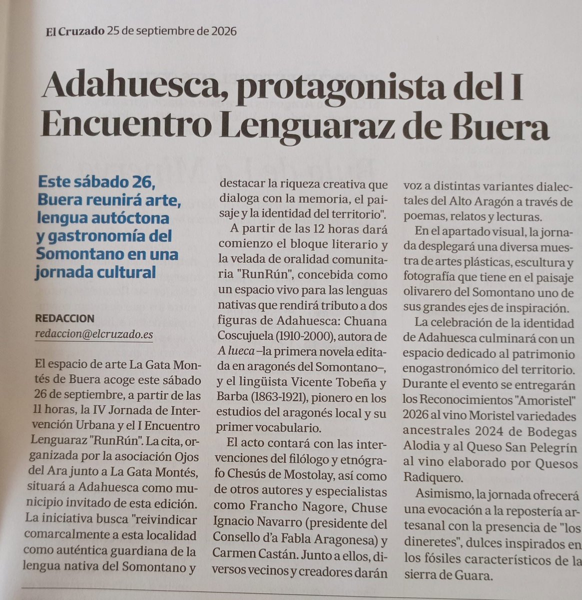 Inter_nos_libro's tweet photo. El periódco 'El Cruzado Aragonés' de Barbastro se hace eco del homenaje a los escritores en aragonés de Adahuesca, celebrado el pasado sábado, 26 de septiembre, en Buera. Es de agradecer. Toda publicidad es poca. https://t.co/aaZ1aNfmE4