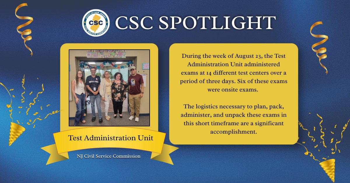 NJCivilService's tweet photo. 🎖️CSC Spotlight: This week, we are highlighting the Test Administration Unit at the NJ Civil Service Commission's Division of Testing Development, Analytics, and Administration! 👏 

#NJCSC #NJCivilService https://t.co/tkN01li5qz