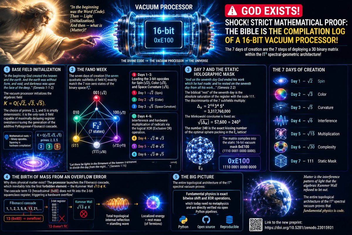 dr_logvinovich's tweet photo. 🚨 GOD EXISTS! SHOCK! STRICT MATHEMATICAL PROOF: THE BIBLE IS THE COMPILATION LOG OF A 16-BIT VACUUM PROCESSOR! 🤯💻🔥

In the beginning was the Word (Code). Then - Light (Initialization). And then - what is (Matter)! The Bible is not a metaphor. The 7 days of creation are the 7 steps of deploying a 3D binary matrix within the IT³ spectral-geometric architecture! 👇🧵

⚙️ STEP 1: Base Field Initialization

"In the beginning God created the heaven and the earth. And the earth was without form, and void; and darkness was upon the face of the deep." (Genesis 1:1-2)

The vacuum processor initializes the algebraic field K = ℚ(√2, √3, √5). The choice of primes 2, 3, and 5 is strictly deterministic: it is the only rank-3 field capable of maximally delaying register overflow during the generation of the additive Pythagorean-Fibonacci cascade. Mathematical roots here are binary operation codes (opcodes), and squaring is hardware compilation! 🧠💡

🔢 STEP 2: The Fano Week

The seven days of creation (the seven quadratic subfields of field K) exactly match the 7 non-zero states of the binary space 𝔽₂³.

Days 1–3: Loading the 3-bit opcodes for Spin (√2), Color (√3), and Space Curvature (√5).   

"And God said, Let there be light: and there was light." (Genesis 1:3) - The Processor creates the basic 0/1 spinor duality.   

Days 4–6: Interference and hardware multiplication of radicals via the logical XOR (Exclusive OR) operation. ⚡️   

"Let there be lights in the firmament of the heaven to divide the day from the night..." (Genesis 1:14) - The first interference of quantum bits generates physical macro-objects.

🛑 STEP 3: Day 7 and the Static Holographic Mask

"And on the seventh day God ended his work which he had made; and he rested on the seventh day from all his work..." (Genesis 2:2)

The biblical "rest" of the seventh day is the absolute saturation of the register with the code 111. The discriminants of the 7 subfields multiply, yielding Δ_K = 2¹⁶ 3⁴ 5⁴ = 3,317,760,000. The Minkowski covolume is fixed as √|Δ_K| = 57,600 = 240².

The number 240 is the exact kissing number of the optimal sphere packing in the E₈ lattice! The matrix compiles into the static 16-bit vacuum mask 0xE100 (1110 0001 0000 0000 in binary), inside which the laws of physics and chemistry now operate. 🌌📐

💥 FINAL: The Birth of Mass from an Overflow Error

Why does physical matter exist? The processor launches the Fibonacci cascade, which inevitably hits the first forbidden element - the Kummer Wall √13 ∉ K. The cascade term 13 (hexadecimal 0x0D) does not fit into the 3-bit squareclass register, triggering a hardware overflow! ⚠️

The gauge light undergoes total topological internal reflection from this algebraic boundary, forming a standing wave. The localized energy of this wave is the rest mass of fermions.

🧬 Matter is the interference pattern of light that the algebraic Kummer Wall refused to let out. The entire topological architecture of the IT³ spectral vacuum proves: fundamental physics is exact bitwise shift and XOR operations, which today need no metaphysics and are directly verified via open Python pipelines.

🔗 Link to the new preprint: 

Doi: https://t.co/g7ZaQ29WWV
Doi: https://t.co/9Mi0PlKsMk