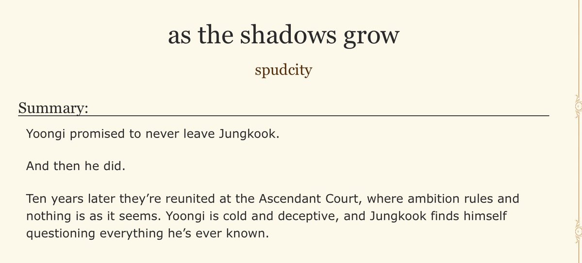 ynkkadore's tweet photo. omg. i’d do anything to reread this for the first time!! i loved jungkook’s character, the worldbuilding, the longing, god everything abt this is is insane 🚬 

Tags: 
⠀♱ ⠀ AU: fantasy 
⠀♱ ⠀ Royalty
⠀♱ ⠀ Yearning
⠀♱ ⠀ Angst / Violence 

Link: https://t.co/6UaukpQ72t https://t.co/4tD0pAj69K
