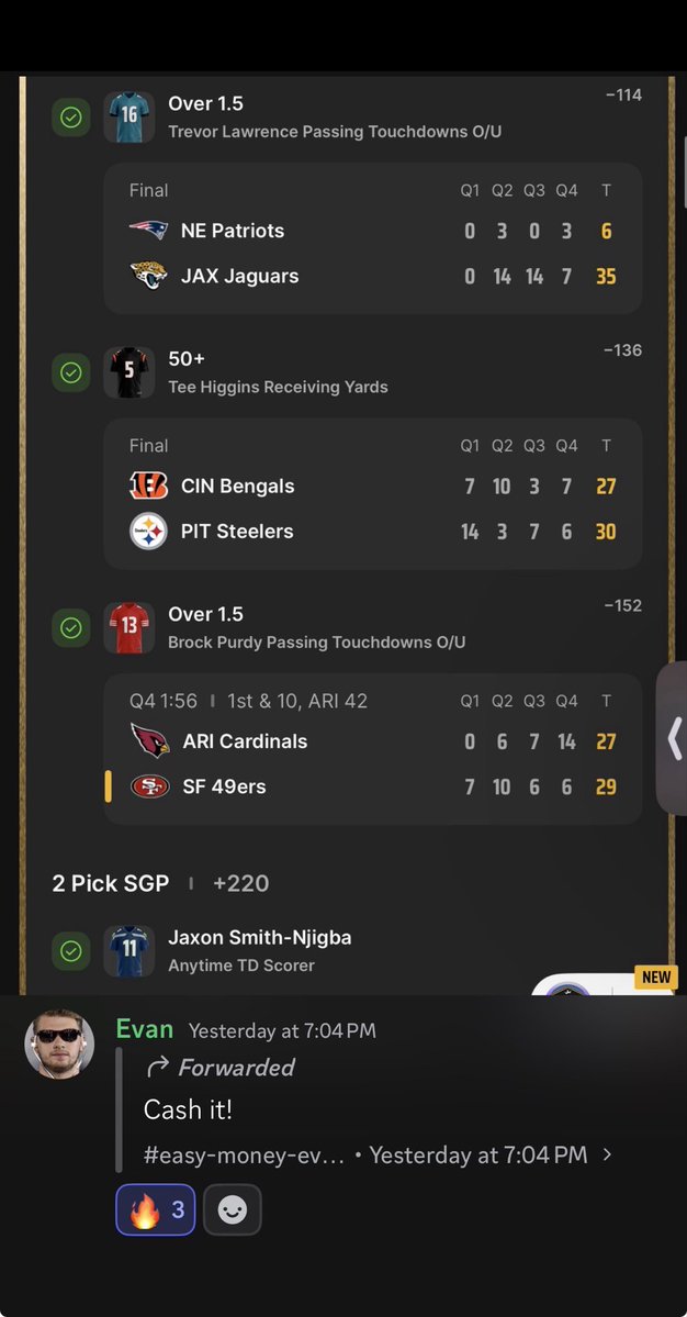 ParlayFiends's tweet photo. Winners from yesterday✅✅🔒🔒

Make sure to join the discord for tonight’s picks!
#nfl #bets #sports #parlays #winner https://t.co/HMJj1yLjpe