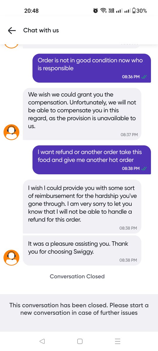 prediator005's tweet photo. @Swiggy Extremely disappointed. Order ID: 249574615117963 was delivered very late and completely cold. First I was told to wait, then support said “we can’t do anything” and closed the chat. I asked for a supervisor but wasn’t connected. What service is this, Swiggy?
#fraud https://t.co/t8mm4D8LjX